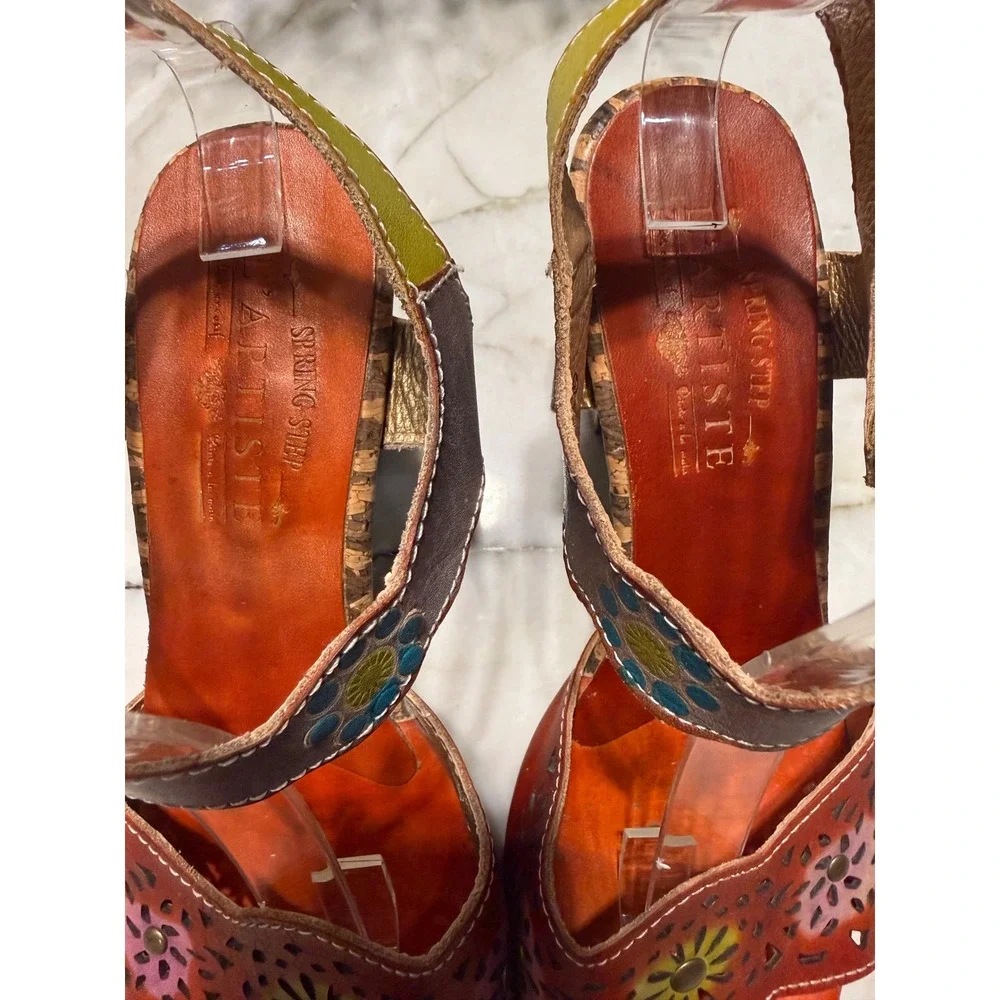 L'Artiste Spring Step Sharyn Leather Sandals Floral Hand Painted Boho Heel 39